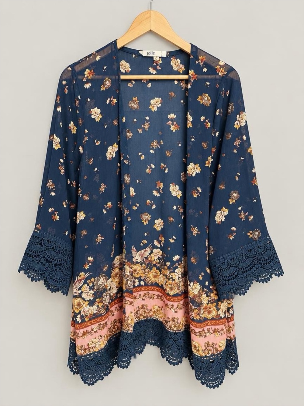 Jolt Navy Floral Lace-Trim Open Tunic L
